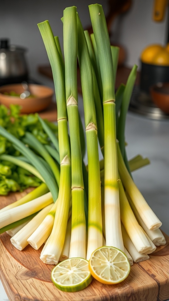 Fresh lemongrass stalks on a wooden cutting board, showcasing their green and yellow hues.